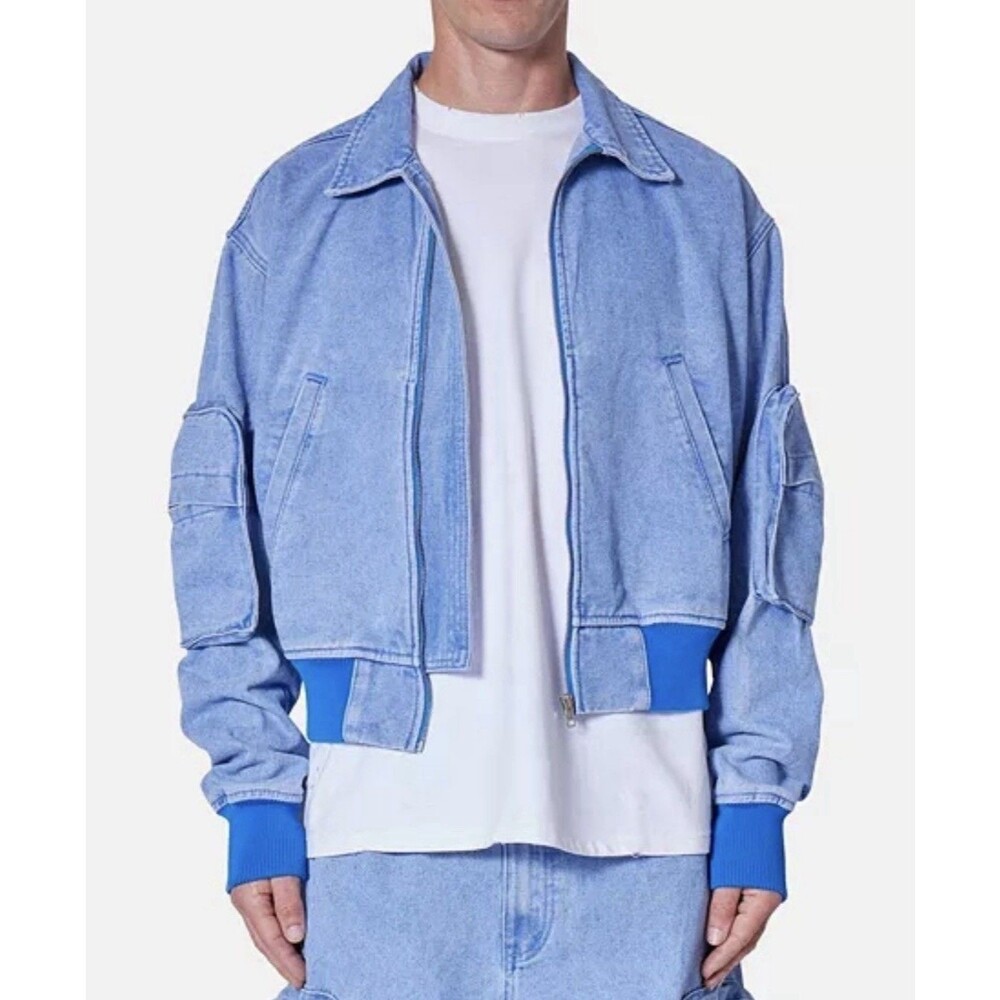 mnml Denim Cropped Jacket Unisex Size M Blue Stylish Statement Jacket NWT